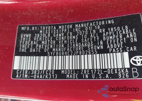 2018 Toyota Corolla Se from USA, damaged, VIN 5YFBURHE2JP802655